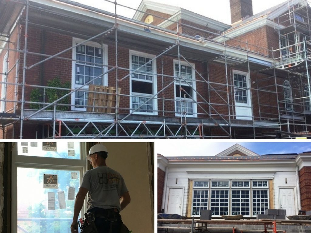 A collage of photos showing the progress of the Paul Henry Windows installing replacement windows at Woodberry Forest School